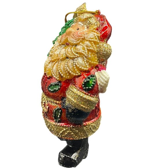 Folk Art Santa w/ Wreath Christmas Glossy Plastic Ornament 5” - Picture 2 of 6